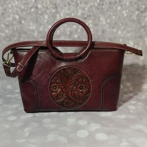 Elegant Burgundy Faux Leather Shoulder & Hand Tote with Floral Design